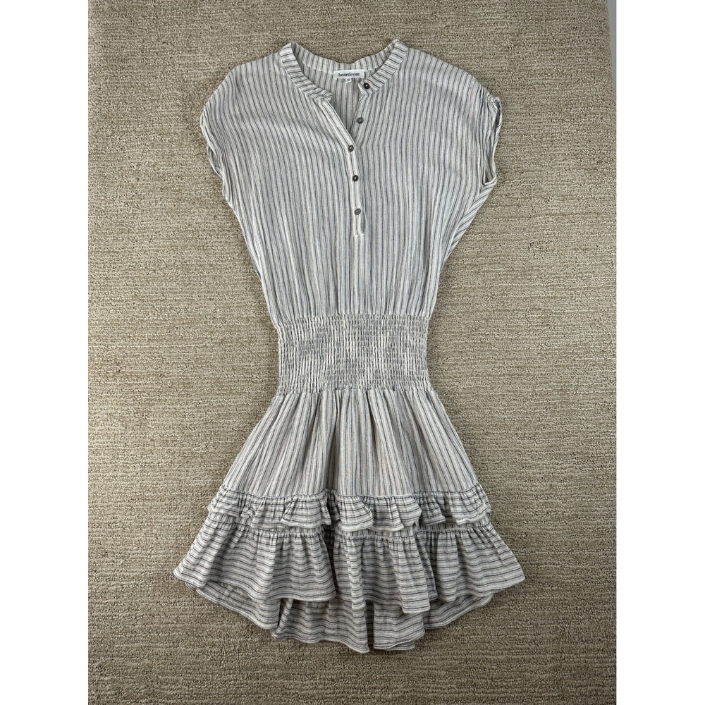 Heartloom Women XS Blue Striped Smocked Waist Tiered Ruffle Cotton Mini Dress